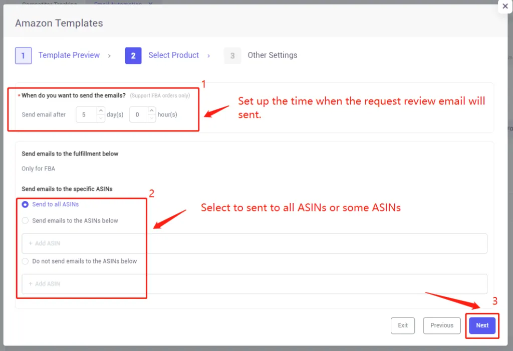 Tool4seller screenshot for 3. Set the time to send the email and click on "Next" .