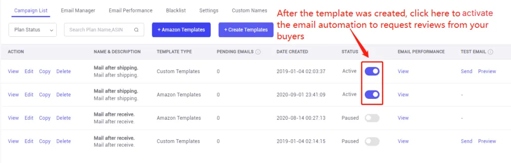 Tool4seller screenshot for 5. After the campaign template was created, click the gray button to activate the email.