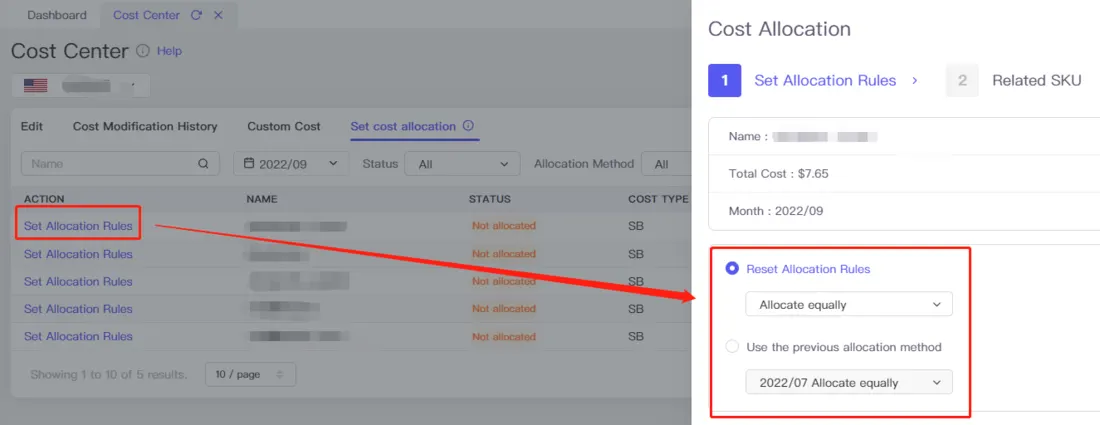 Tool4seller screenshot for 5. How to allocate the cost to sponsored brand products.