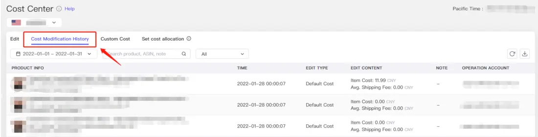 Tool4seller screenshot for 6. How to check all the cost modification history and from whom.