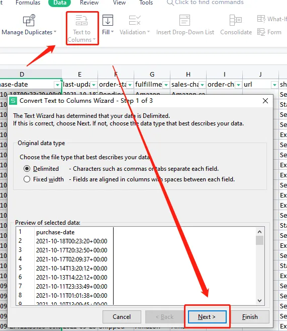 Tool4seller screenshot for 3. Separate the date and time on the purchase-date column.