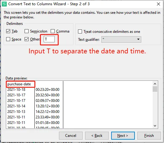 Tool4seller screenshot for 3. Separate the date and time on the purchase-date column.