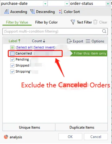 Tool4seller screenshot for 4. Exclude the canceled orders on the order-status column.