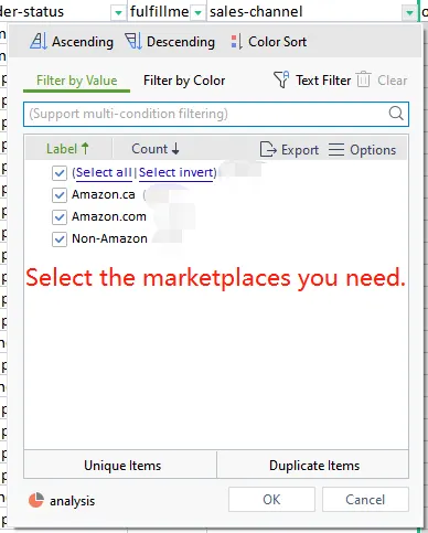 Tool4seller screenshot for 5. Select the marketplaces you need on the sales-channel column.