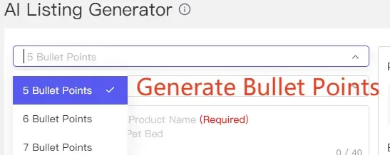 tool4seller use AI Listing Generator to create high-converting content interface showing al Listing Generator and Generate Bullet Points.