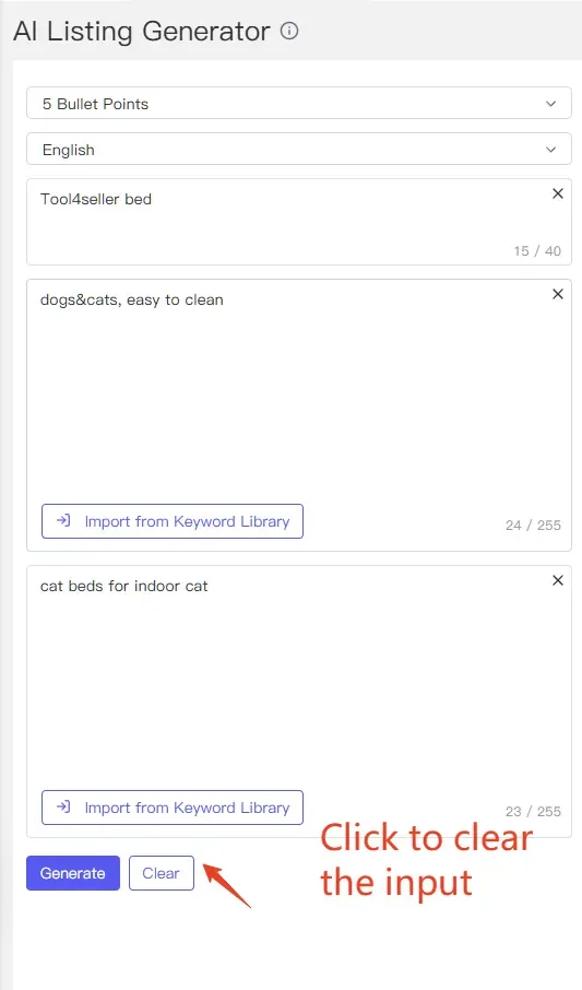 tool4seller use AI Listing Generator to create high-converting content interface illustrating if you're not satisfied with the result, you can regenerate content specifically for Product Name.