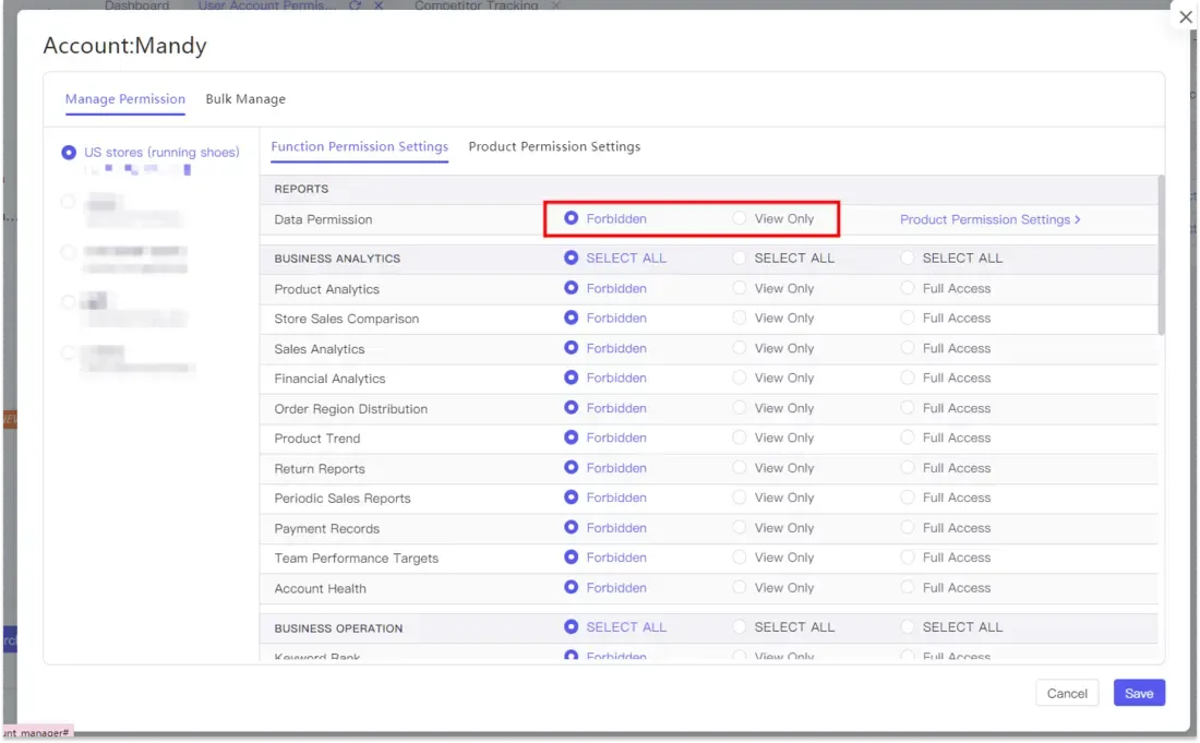 Amazon stores data permission interface.