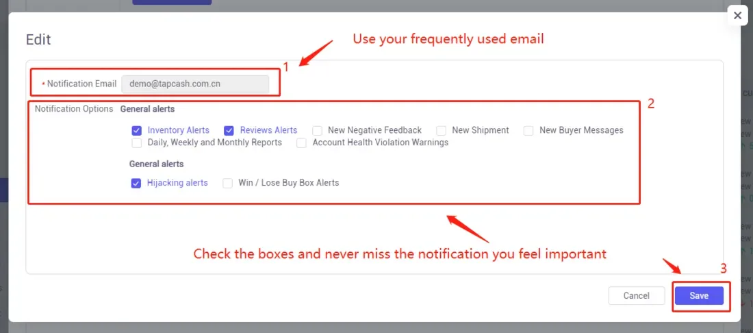 tool4seller activate email to receive alerts for Amazon products interface showing wf Use your frequently used email and Notification Options General alerts.