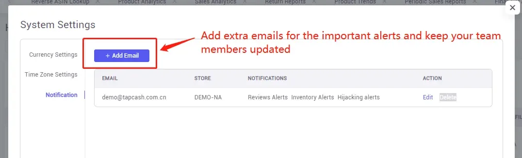 tool4seller activate email to receive alerts for Amazon products interface illustrating click the "Add Email" button to keep your team members updated.