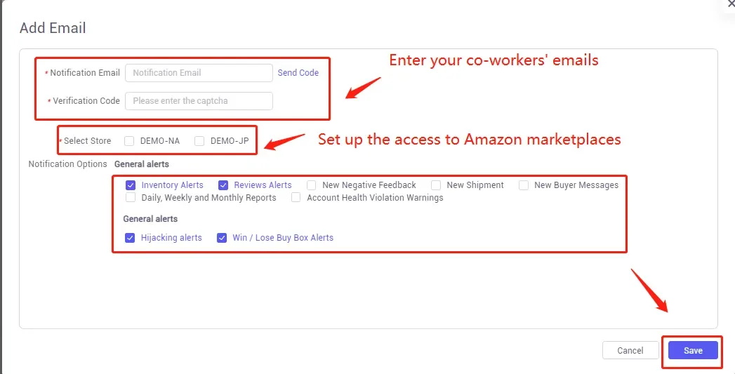 tool4seller activate email to receive alerts for Amazon products interface illustrating enter your co-workers' email and select the marketplaces you want them to receive the alerts for Amazon.