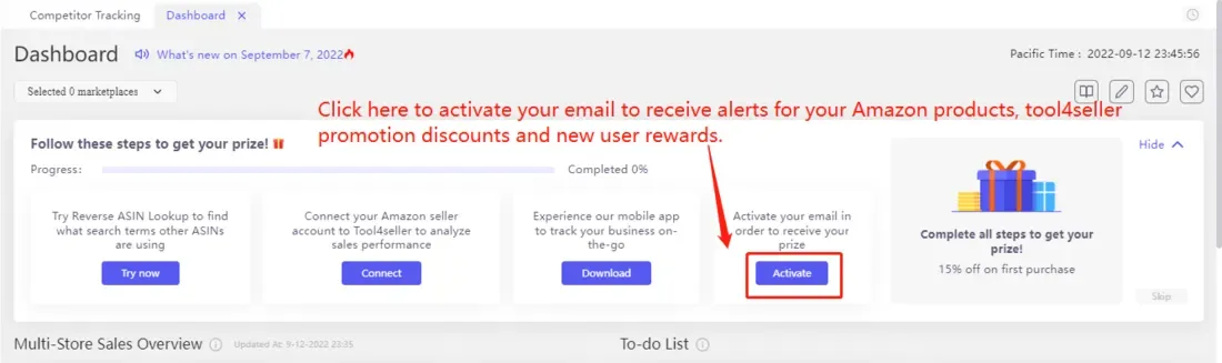 tool4seller activate email to receive alerts for Amazon products interface showing competitor Tracking and Dashboard x.