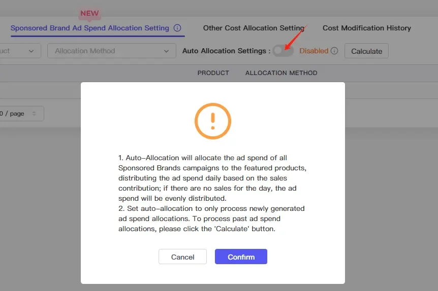 tool4seller interface showing Click to launch the 'Auto Allocation Settings' switch to activate the split of Sponsored Brands.