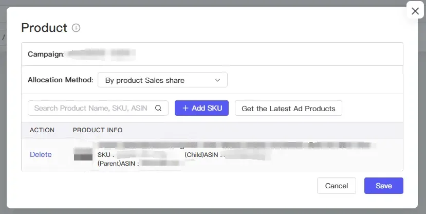 tool4seller interface showing We recommend using the 'By product Sales share'. You can add or delete SKUs in the list.