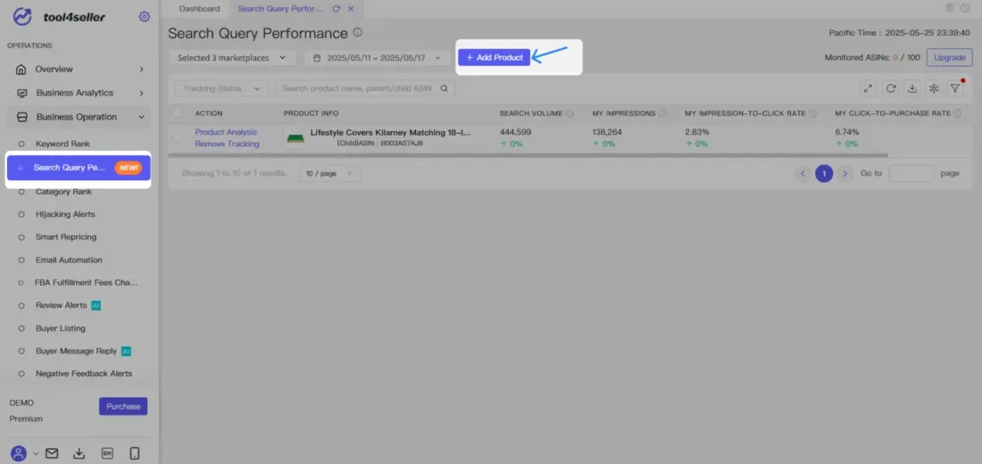 tool4seller analyze buyer search behavior with Search Query Performance interface showing dashboard — Search Query Perfor and Search Query Performance.