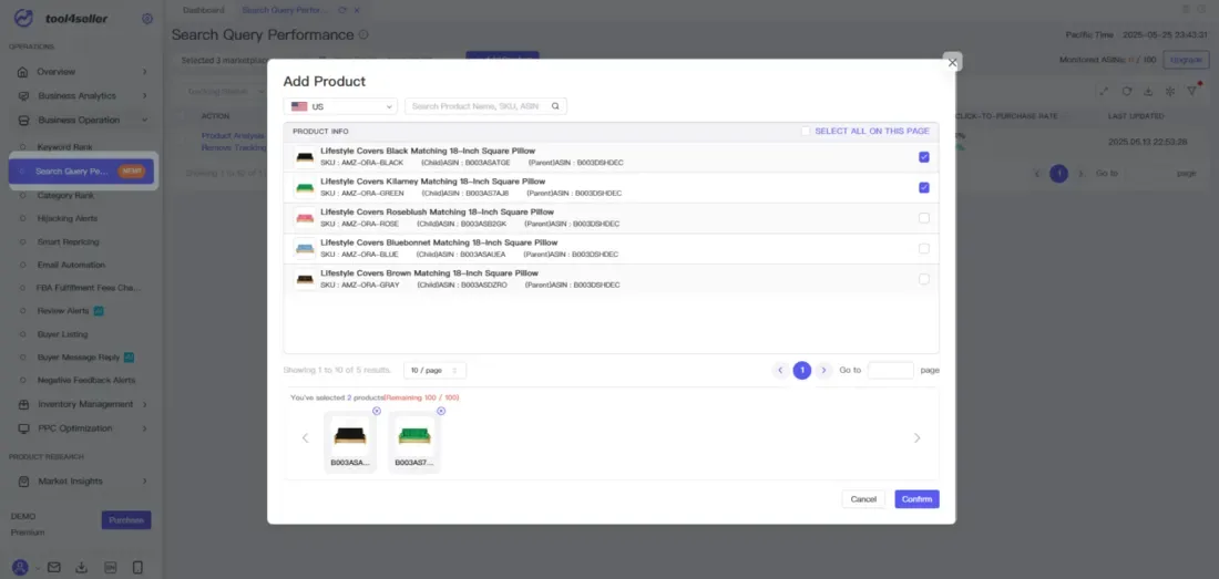 tool4seller analyze buyer search behavior with Search Query Performance interface showing add Product and Let Cover ck Matting nc Scuare Pow.