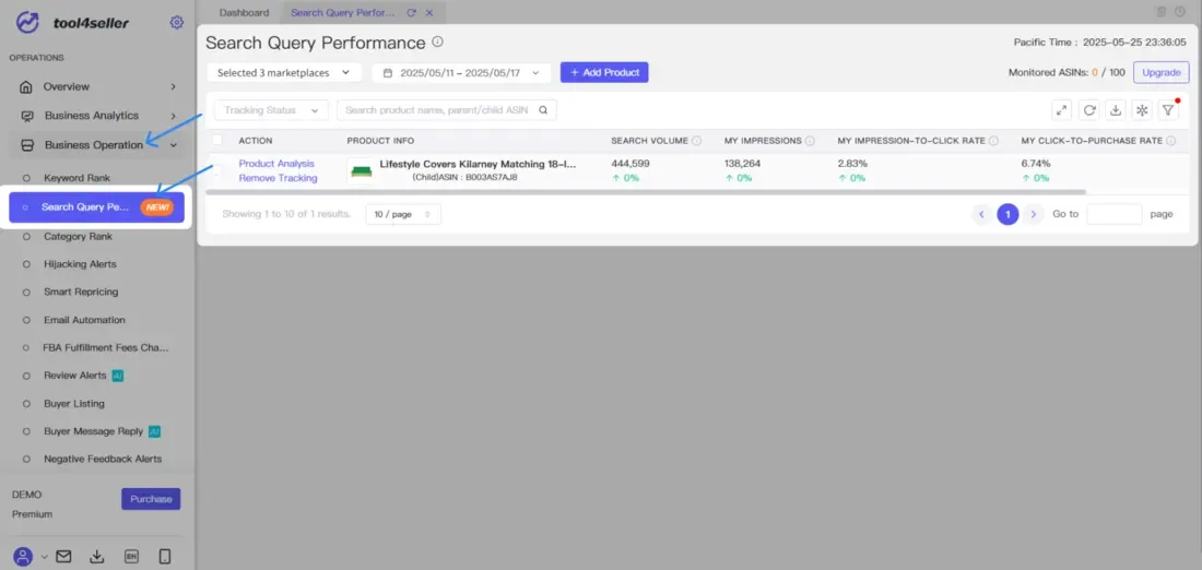 tool4seller analyze buyer search behavior with Search Query Performance interface illustrating from the left navigation panel, go to Business Operation > Search Query Performance.