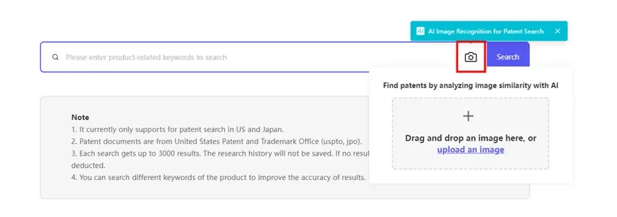 tool4seller avoid the risk of patent infringement with Design Patent Search interface showing q Piease and upload an image.