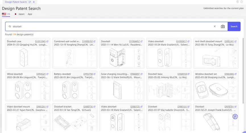 tool4seller interface showing We also support searching for design patents using keywords alone. Note: When searching.