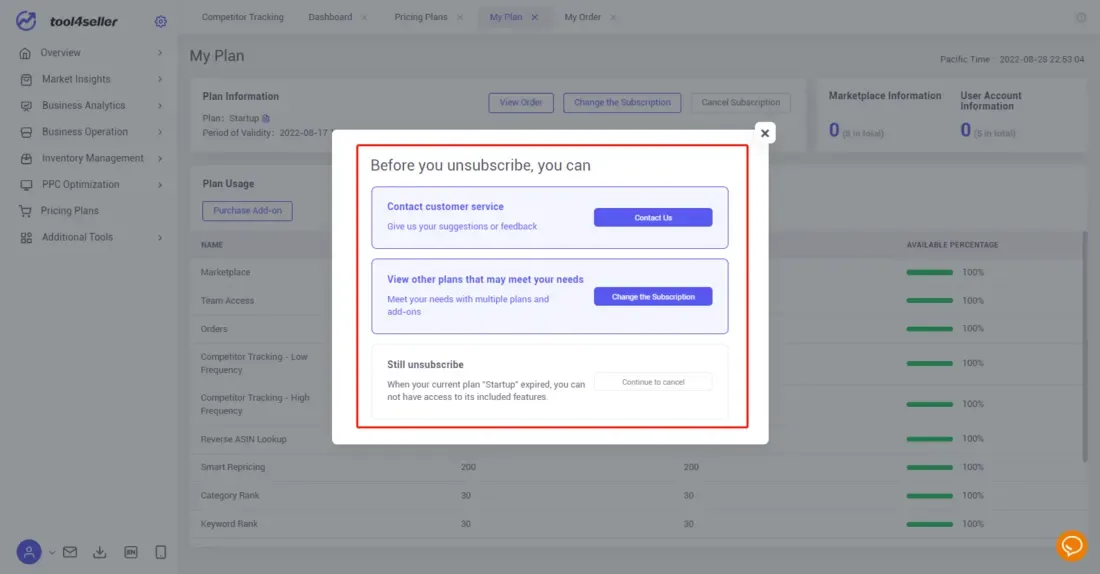 tool4seller interface showing Follow the instructions and make sure you want to cancel the subscription.