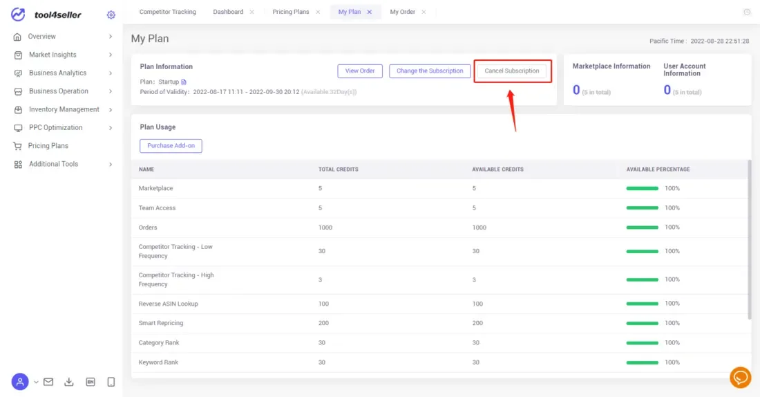 tool4seller cancel a subscription from tool4seller interface illustrating click the "Cancel Subscription".