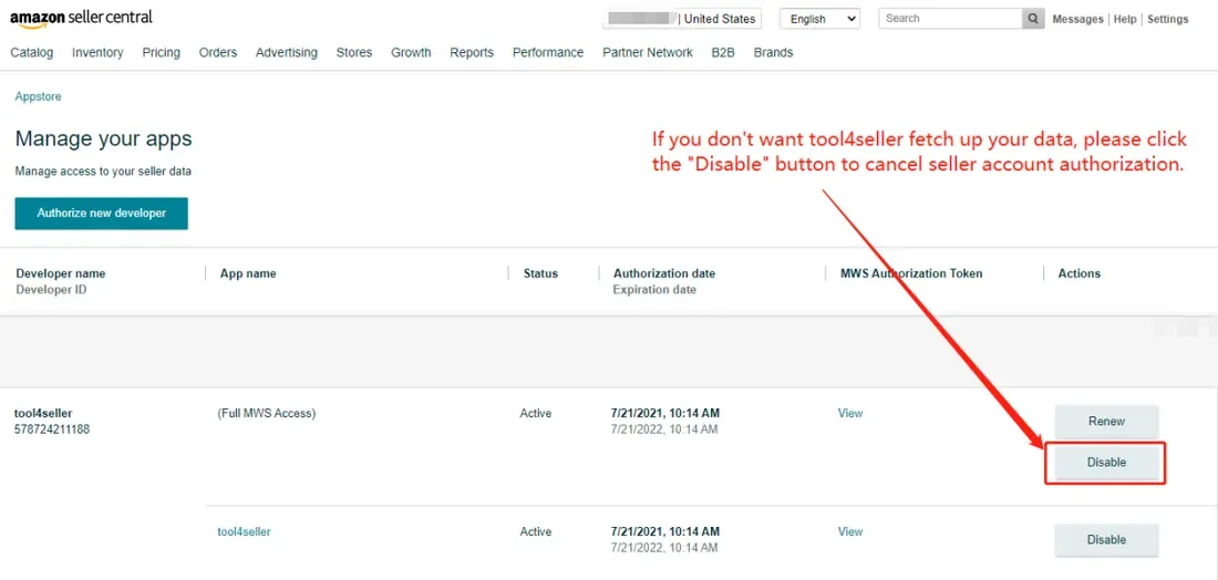 Interfaz de tool4seller: Para volver a conectar la cuenta, sigue los pasos de Cómo autorizar tool4seller mediante SP-API.