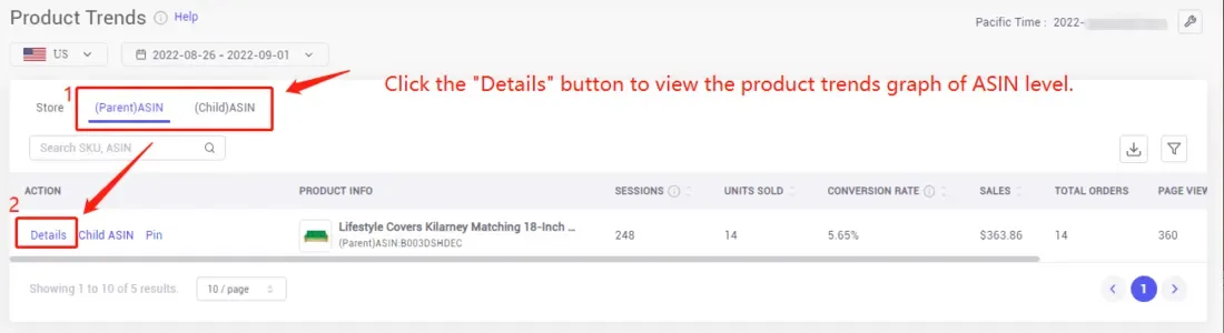 tool4seller check listing sessions and product evaluation with Product Trends interface showing product Trends © Help and Pacifi Time: 2022.