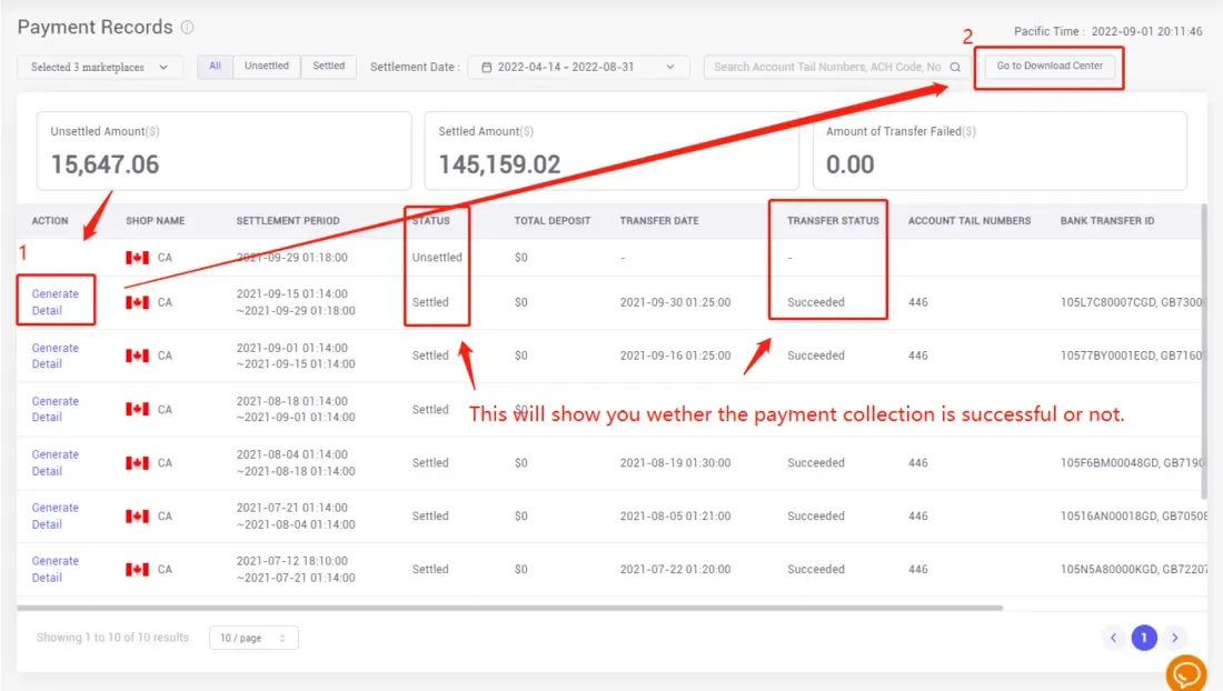 tool4seller check my Amazon payment collection in Payment Records interface illustrating there are "Settlement Status" and "Transfer Status" for a quick check.