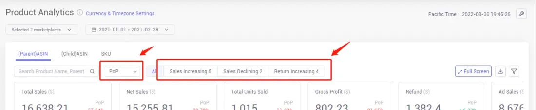 tool4seller check product evaluation with Product Analytics interface illustrating return Increasing: The return quantity increased by 30% compared to the previous period.