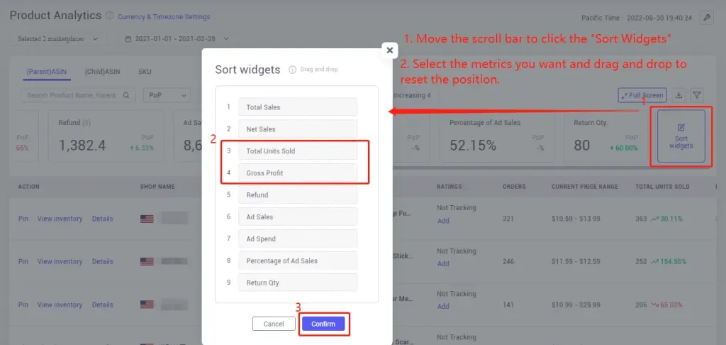 tool4seller check product evaluation with Product Analytics interface illustrating and move the scroll bar to reset the order of metric blocks.
