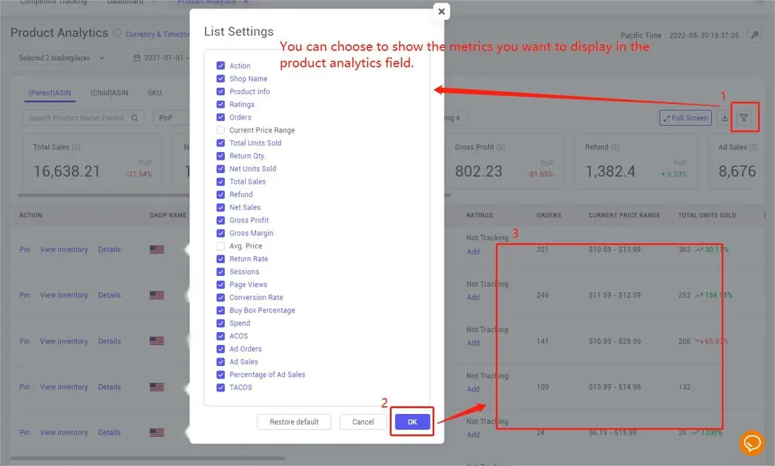 tool4seller check product evaluation with Product Analytics interface illustrating part2: The other part is where you can check various key metrics of the product.