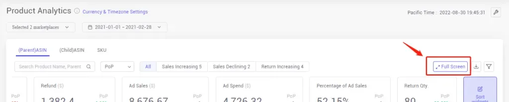 tool4seller check product evaluation with Product Analytics interface illustrating click the "Full Screen" button to view data on full screen.