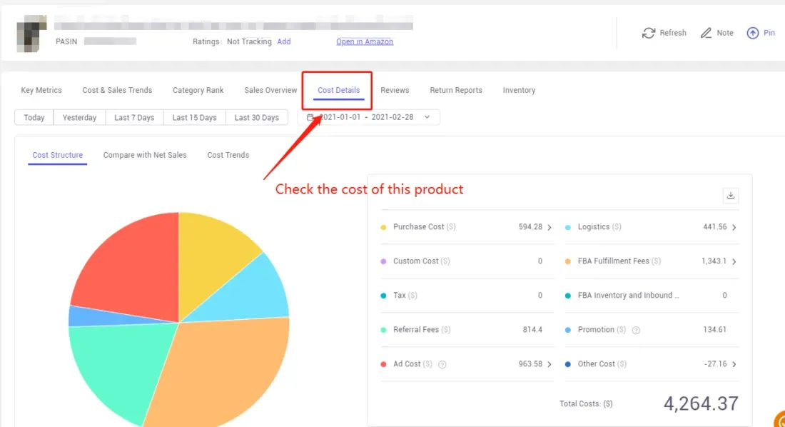 tool4seller check product evaluation with Product Analytics interface illustrating the cost breakdown chart will clearly let you know the cost of selling this product and how you can narrow it down.