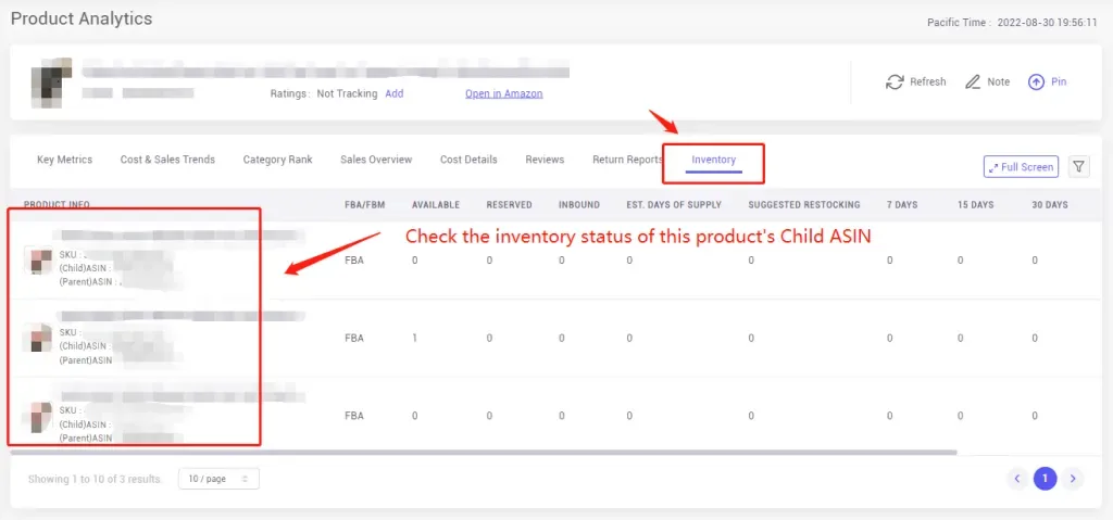 tool4seller check product evaluation with Product Analytics interface illustrating in the Inventory tab, you can see the current inventory status at the SKU level.