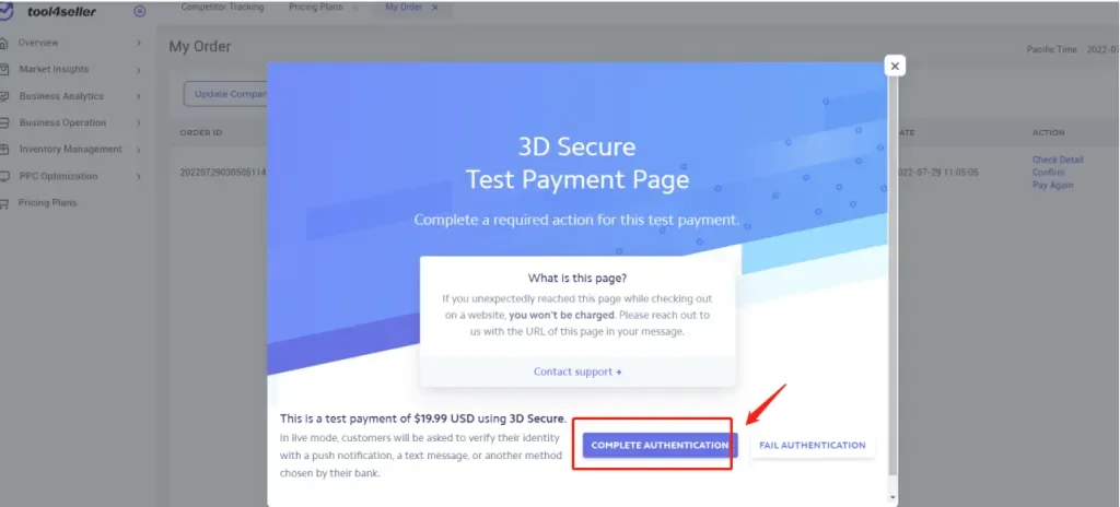 tool4seller complete the subscription if payment fails interface showing d Secure and Test Payment Page.