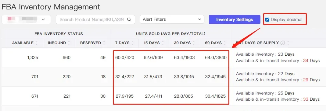 tool4seller interface showing Check the "Display decimal" to view accurate calculations.