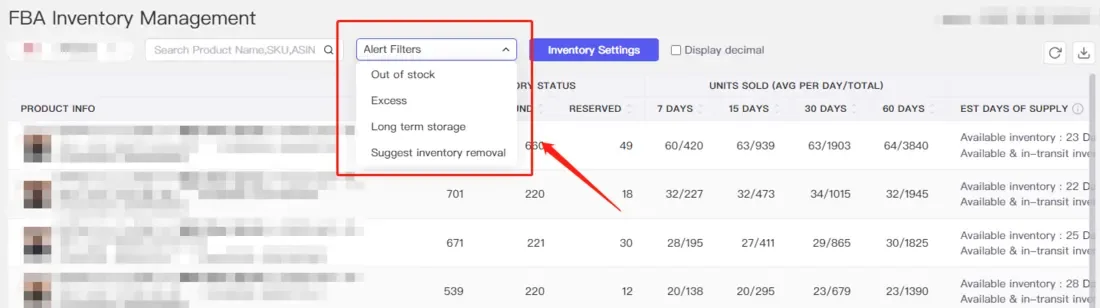 tool4seller interface showing How to check the inventory with alert type filters.