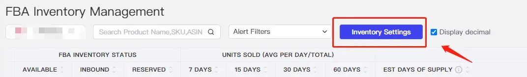 tool4seller configure inventory restock calculation with FBA Inventory Management interface illustrating click the "Inventory Settings" to configure the restock recommendation calculation by sea/.