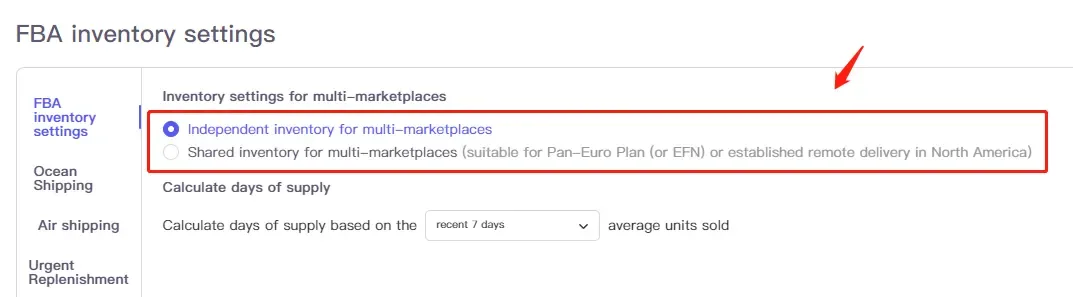 tool4seller configure inventory restock calculation with FBA Inventory Management interface illustrating you can select 7 days, 15 days, 30 days.