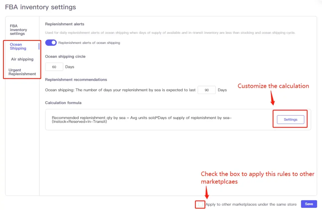 tool4seller configure inventory restock calculation with FBA Inventory Management interface illustrating click the "Settings" button to customize the restock recommendation calculation methods.