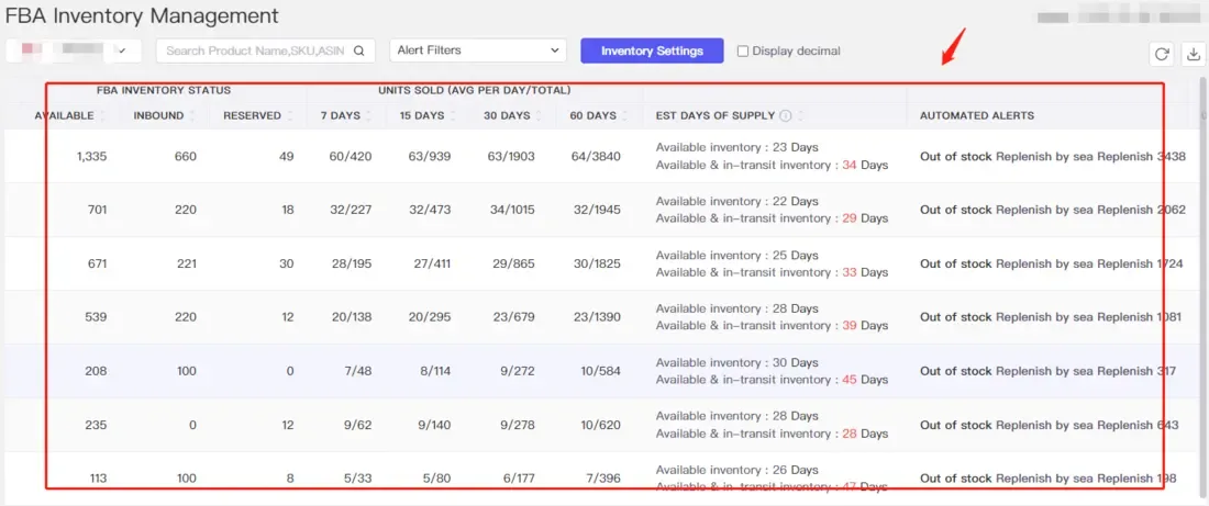tool4seller configure inventory restock calculation with FBA Inventory Management interface illustrating the "FBA Inventory Management" allows you to check all products' inventory status under.