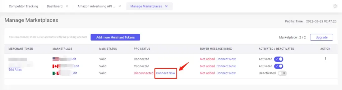 tool4seller connect my tool4seller account to my Amazon advertising account by PPC Token interface illustrating on the Manage Marketplaces page.