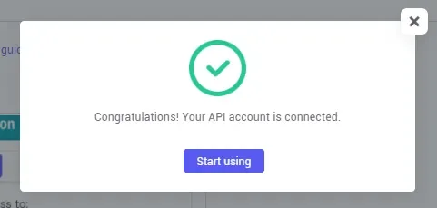 tool4seller connect my tool4seller account to my Amazon advertising account by PPC Token interface showing congratulations! Your API account is connected and Start using.