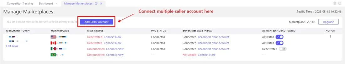 tool4seller connect my tool4seller account to my Amazon seller account by IRP interface showing competitor Tracking and Manage Marketplaces Ox.