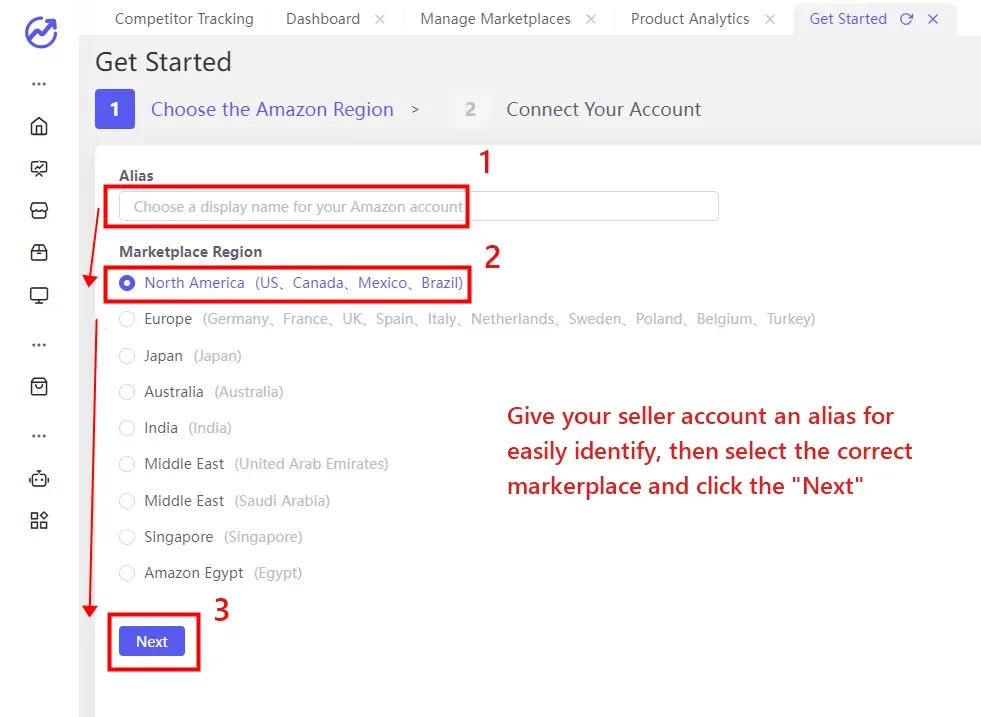 tool4seller connect my tool4seller account to my Amazon seller account by IRP interface illustrating you will see a blank window to fill in with the alias for your seller account.