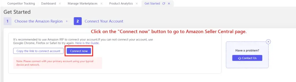tool4seller connect my tool4seller account to my Amazon seller account by IRP interface illustrating select Start Connect.