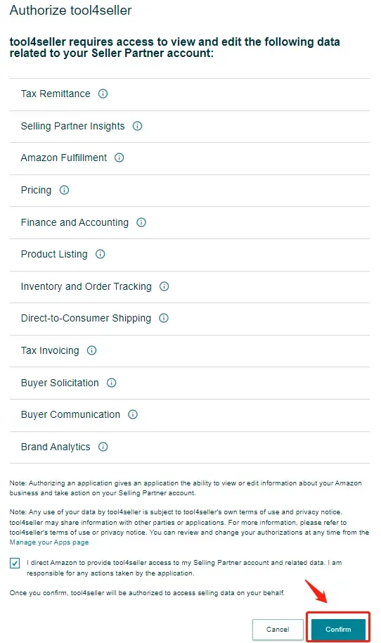 tool4seller connect my tool4seller account to my Amazon seller account by IRP interface illustrating there will be a prompt window to jump to Amazon Seller Central page.