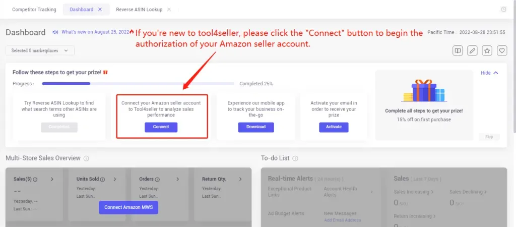 tool4seller interface showing How to Connect My tool4seller to My Amazon Seller Account by MWS Auth Token (SP-API)?