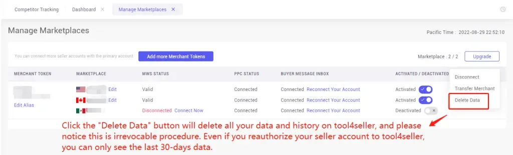 tool4seller interface showing Please note that if you decide to delete data or disable authorization on tool4seller, you will.