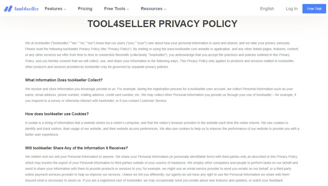 tool4seller interface showing Last, read tool4seller Privacy Policy and Terms of Use.