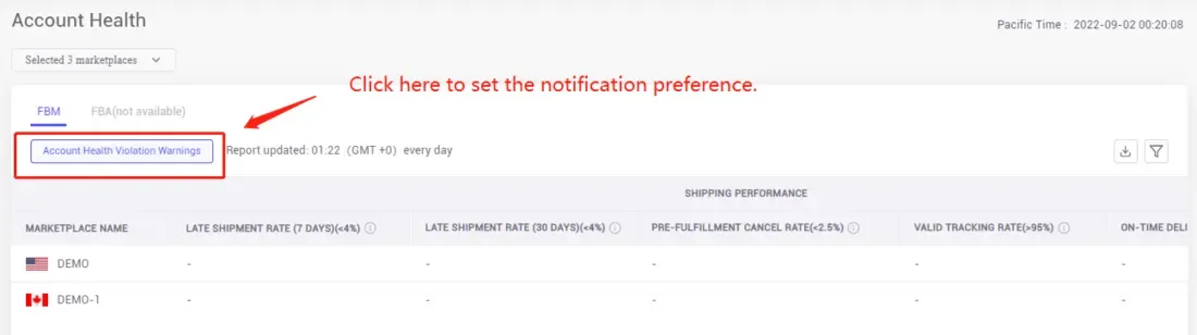 tool4seller evaluate my FBM order performance with the Account Health analysis interface illustrating you can set the notification preference by clicking the "Account Health Violation Warnings".